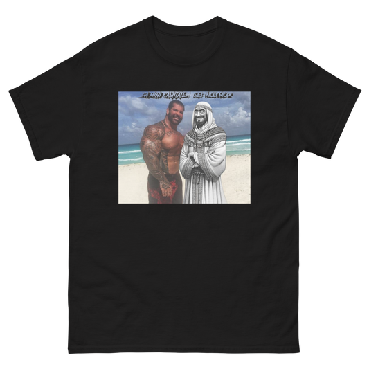 5% Bodybuilder and manga st augustine standing at the beach, "Da Mihi Castitatem Sed Noli Modo" in the foreground.